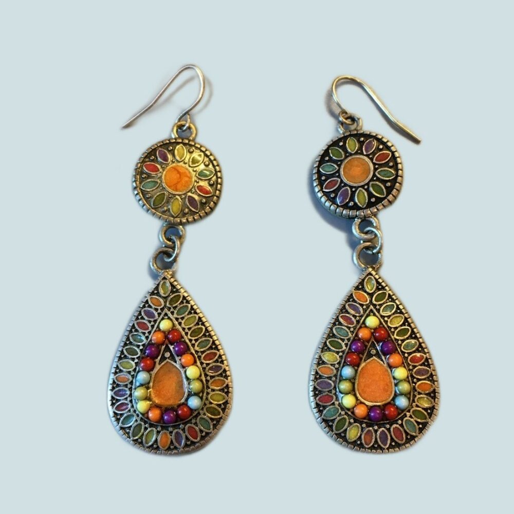 Vintage Western Boho Teardrop Multi-color Dangle Pierced Earrings